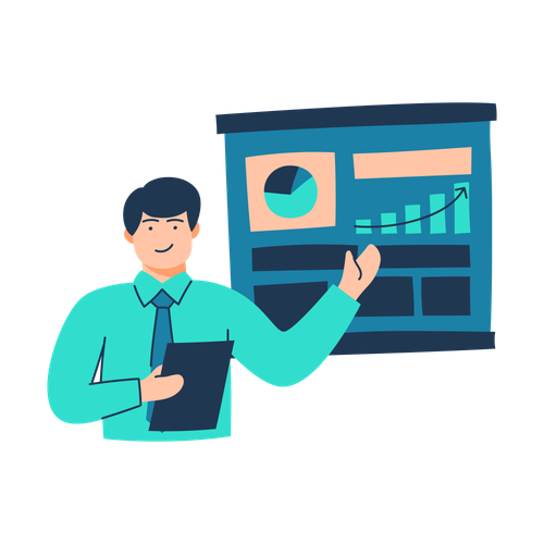 An employee giving a business presentation with charts and graphs